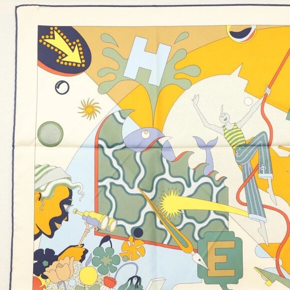 HERMES Carre 90 Scarf ""CA DECOIFFE!"" Silk Beige Auth 137450M - Picture 2 of 13